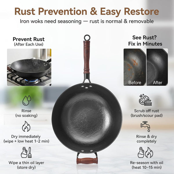 12.6 Inch Cast Iron Wok Pan with Wood Lid, Uncoated Flat Bottom Chinese Stir Fry Pan, Heavy Duty Wok for Induction, Gas and Electric Stoves3