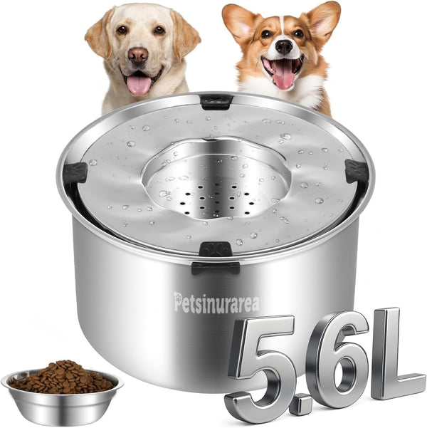Set of 2 Dog Water Bowl Stainless Steel 5.6L/190Oz No Spill Water Bowls 1.5 Gal Large Capacity No Splash Slobber Stopper Slow Drinking Spill Proof Bowls for Messy Drinkers, Including Pet Food Bowl1