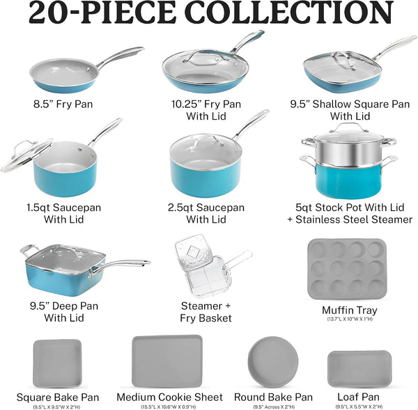 20 Piece Pots and Pans Set Nonstick Cookware Set, Pot and Pan Set, Kitchen Cookware Sets, Ceramic Cookware Set, Ceramic Pots and Pans Set, Pot Set, Dishwasher Safe, Aqua Blue2