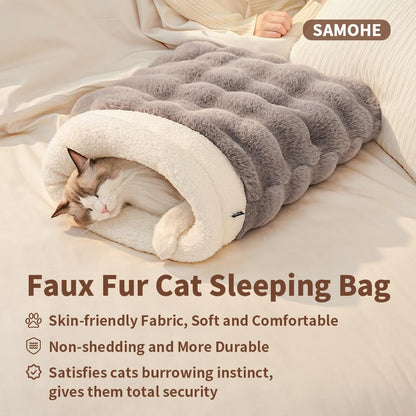 SOMAHE Cat Sleeping Bag for Indoor Cats, Faux Fur Pet Cave Bed & Burrow Nest, Reversible Plush Snuggle Sack, Portable Foldable Mat, Machine Washable, Anti-Static, 21.7"X17.7"Grey2