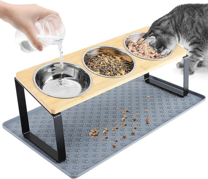 15° Tilted Elevated Cat Bowls - Raised Cat Bowls Stand with Silicone Food Mat & 3 Stainless Steel Cat Dishes for Food and Water, Anti-Vomiting for Indoor Cats and Small Pets1
