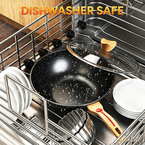 Nonstick Wok Aluminium Die-Casting Chinese Wok, Scratch Resistant with Lid and Spatula, Pfoa-Free, Dishwasher Safe & Induction Bottom,11.8 Inch,5Qt,Large Capacity7
