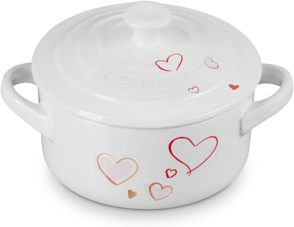Le Creuset Stoneware Classic round Mini Cocotte, 8 Oz., White with Hearts | Mon Coeur Collection1