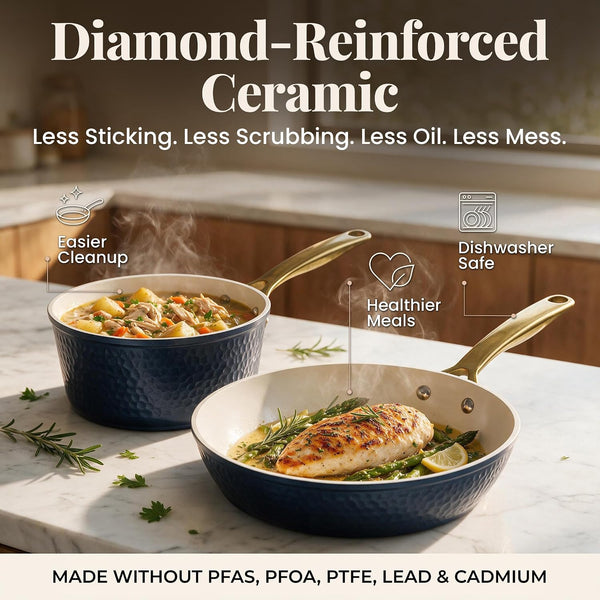 HAMMERED 20 Pc Pots and Pans Set Non Stick Ceramic Cookware | Deep Frying Pan & Bakeware Set Included, Heavy Duty 3.0MM Gauge, Non Toxic PFOA/PTFE Free, Induction, Oven & Dishwasher Safe4