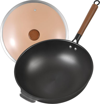 11.8-Inch Carbon Steel Wok, Pre-Seasoned with Advanced Nitriding Technology, Flat Bottom Stir Fry Pan, Lightweight Nonstick Surface, All Cooktops Compatible for Stir Fry, Pan-Fry, Steam, BBQ & Camping1