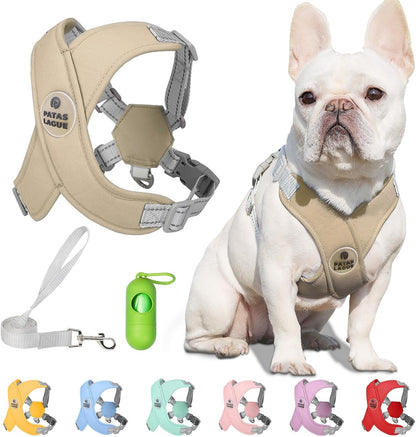 Patas Lague Dog Harness with Leash Set Adjustable Soft Padded Step-In Dog Vest No Choke No Pull Reflective for Small Medium Pets with Poop Bags and Dispenser, Solid and No-Chew, Pink M15