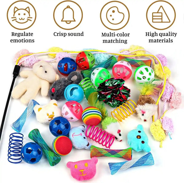 QUOZUO 30 Pcs Cat Toy Kitten Toys Set, Interactive Cat Toy Wand Cat Springs Ball Toy with Bells, Cat Toys for Bored Indoor Cats, Gift Box Styles3