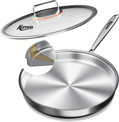 Tri-Ply Stainless Steel Frying Pan, Compatible with All Cooktops up to 600℉, Large Frying Pan with Lids, Induction-Ready Skillet, Dishwasher and Oven Safe, Even Heat (12.4 Inch)1