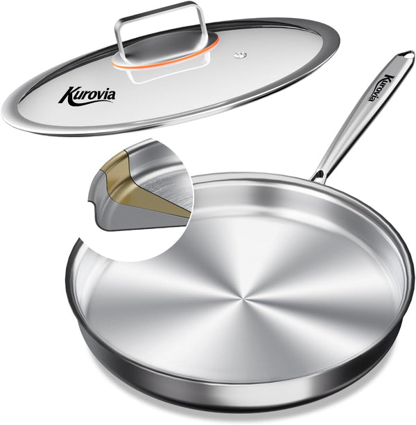 Tri-Ply Stainless Steel Frying Pan, Compatible with All Cooktops up to 600℉, Large Frying Pan with Lids, Induction-Ready Skillet, Dishwasher and Oven Safe, Even Heat (12.4 Inch)1