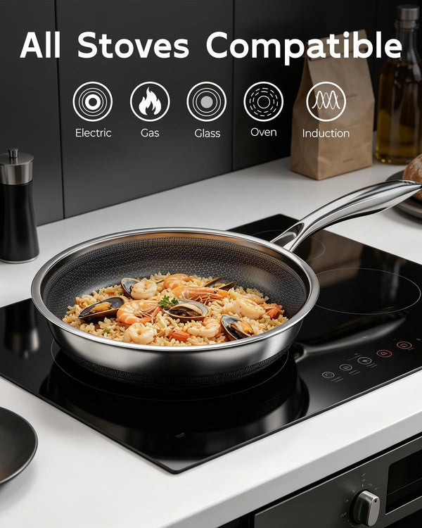 10 Inch Nonstick Frying Pan with Lid, Honeycomb Hybrid Stainless Steel Skillet, Tri-Ply Induction Compatible, Non Toxic Frying Pan, Oven Safe, Dishwasher Safe, Silver7