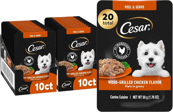 Cesar Mini-Pouch Wet Dog Food, Filet Variety Pack, 1.76 Oz, 40 Count | 3 Flavors: Rotisserie Chicken, Filet Mignon, Wood-Grilled Chicken, Real Chicken or Beef, Easy Peel-And-Serve, Protein-Packed11