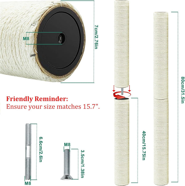 Cat Scratching Post Replacement Pole, 2 PCS 15.7In Cat Tree Replacement Post, Natural Sisal Cat Tree Replacement Parts with M8 Screws, Cat Scratch Post for Refurbishment (15.7In/40Cm)2