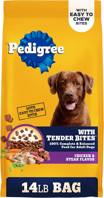 Pedigree Tender Bites Dry Dog Food, Chicken & Steak, 14 Lb | Easy-To-Chew Two-Textured Kibble, Natural Fiber for Healthy Digestion, 36 Vitamins & Minerals, Natural Flavors Only1