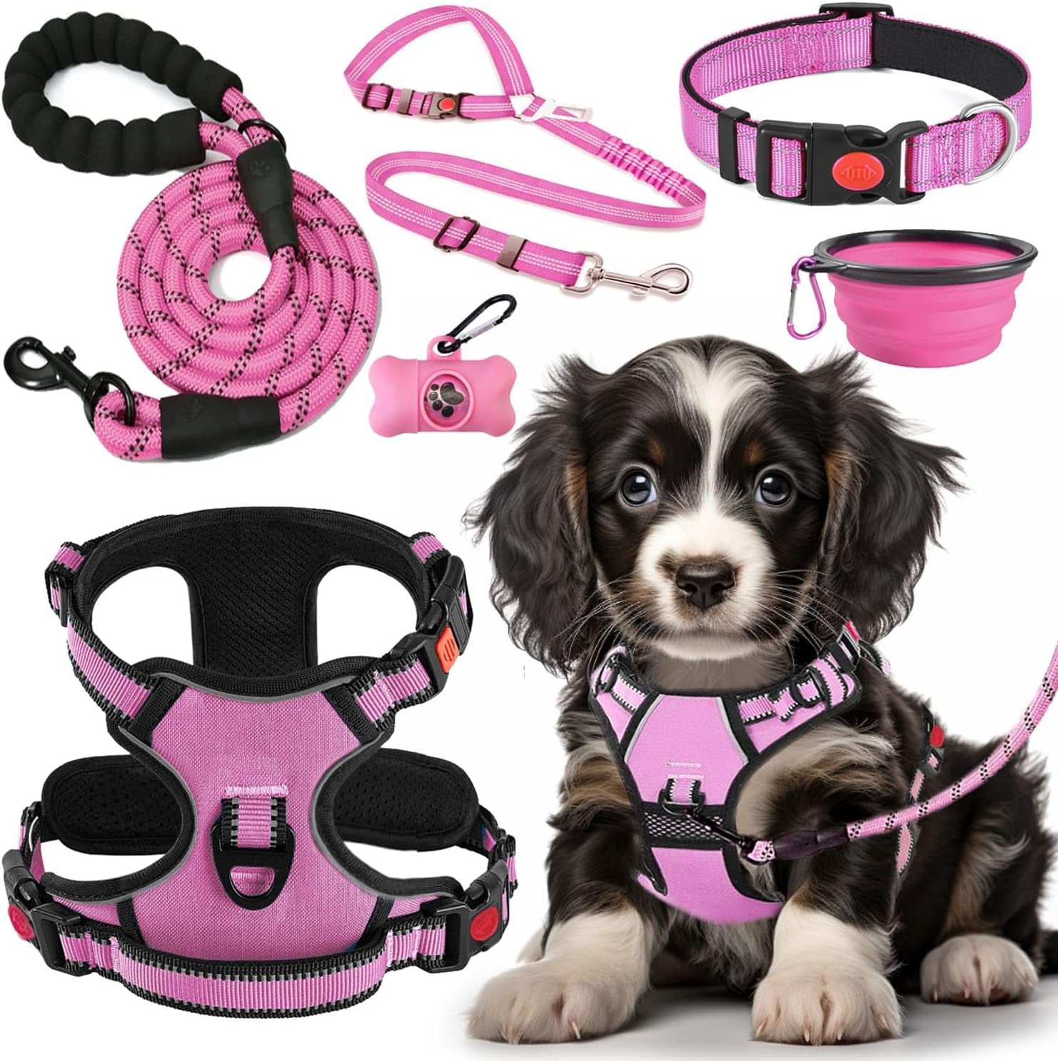 lobeve-no-pull-dog-harness-collar-leash-set-includes-dog-seat-belt-collapsible-bowls-poop-bag-dispenser-ideal-for-training-walking-hiking-fits-small-to-large-dogspink-l