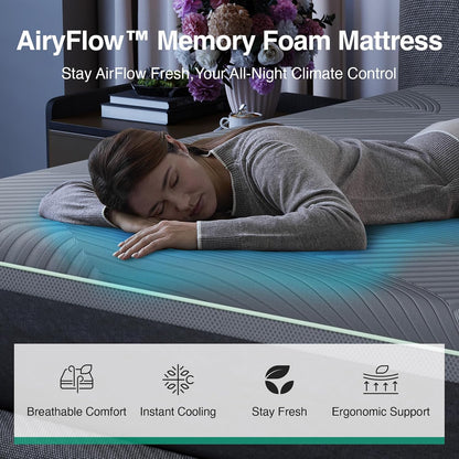 Airyflow Queen Mattress 14 Inch, Gel Memory Foam Mattress Queen | for Cool Night & Spinal Alignment, Pressure Relief & Motion Isolation, Green Tea-Infused, Certipur-Us Certified, Medium Firm10