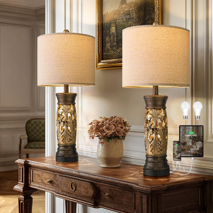 27.25” Antique Gold Table Lamps Set of 2 – Farmhouse Bedside Lamps with Night Light & USB A+C Ports, Vintage Lamps for Bedroom, Living Room, Entryway, Nursery, Reading Nook(Bulbs Included1
