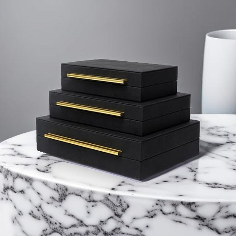 faux-shagreen-decorative-stackable-jewelry-storage-boxes-set-of-3-black-jewelry-organizers-with-gold-metal-handles-velvet-lining-modern-black-box-for-vanity-entryway-coffee-table-decor