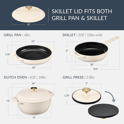 Best Choice Products 6-Piece Cast Iron Cookware Set, Ceramic Coated 6Qt Dutch Oven, 2Qt Skillet W/Lid, 10" Grill Pan W/Press, Non-Toxic, Heavy Duty, Gas/Induction Compatible, PFAS Free - Vanilla2