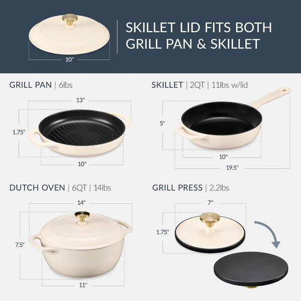 Best Choice Products 6-Piece Cast Iron Cookware Set, Ceramic Coated 6Qt Dutch Oven, 2Qt Skillet W/Lid, 10" Grill Pan W/Press, Non-Toxic, Heavy Duty, Gas/Induction Compatible, PFAS Free - Vanilla2