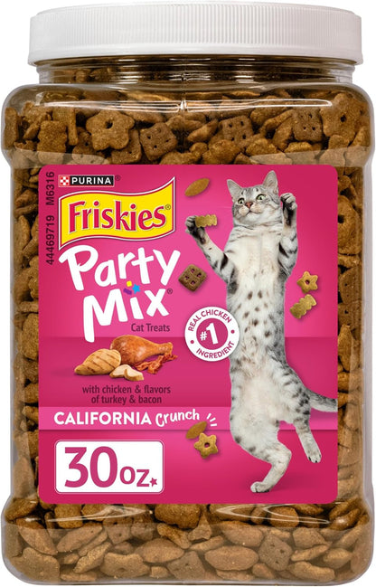Purina Friskies Party Mix California Crunch with Chicken and Flavors of Turkey and Bacon Cat Treats - 30 Oz Canister1