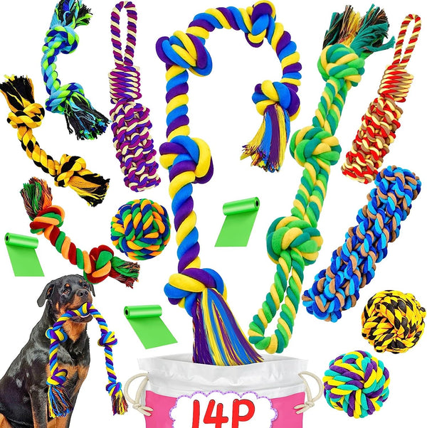 SHARLOVY Large Tough Chew Toys for Aggressive Chewers Large Breed,Heavy Duty Dental Rope Toys Kit for Medium Dogs,5 Knots Indestructible Cotton Puppy Teething Chew Tug Toy Set of 914