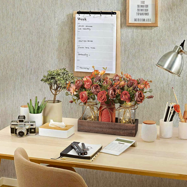 3 Pcs Mason Jar Centerpiece Table Decorations for Dining Table Decor Farmhouse Coffee Table Decor with Wood Tray and Led Light Table Centerpieces for Dining Room Kitchen Living Bathroom,Orange | Rustic Farmhouse Decor for Home Décor Accents Kitchen Counter Decor Dining Room Living Bathroom,Orange3