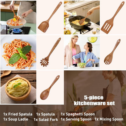 Wooden Spoons for Cooking, 5-Piece Acacia Wood Kitchen Utensil Set | for Nonstick Cookware, Salad Spoon, Spaghetti Spoon, Fork & Spatulas2