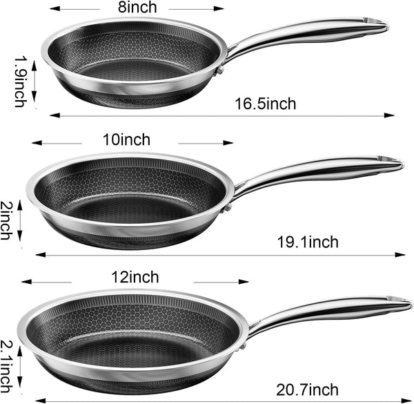 8, 10, 12 Inch Stainless Steel Frying Pan Set with Lid, Honeycomb Hybrid Nonstick Skillet for Induction & All Cooktops, PFAS/PFOA/PTFE Free, Oven Safe 500°F, Silver2