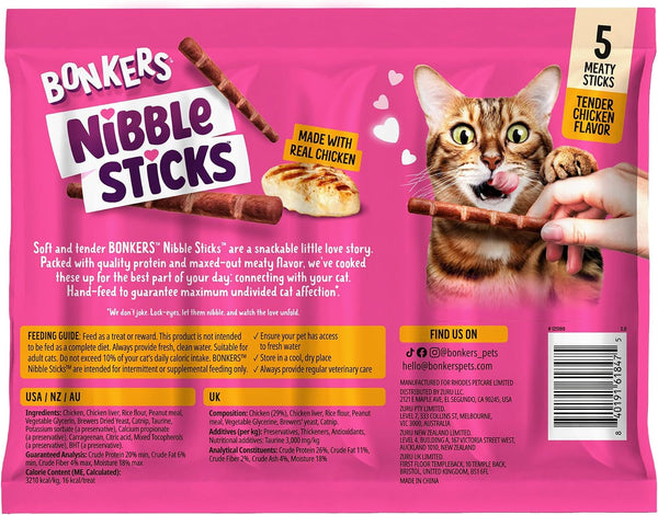 Bonkers Nibble Sticks Soft & Meaty Tender Chicken Flavor Cat Treats, 5 Sticks (Pack of 20)9
