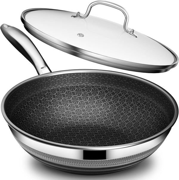 Woks & Stir-Fry Pans Nonstick - Hybrid 304 Stainless Steel Wok 10.8" Non Stick Wok Pan with Lid for Induction, Electric, Gas, All Stoves, PFOA Free Cookware, Dishwasher and Oven Safe1