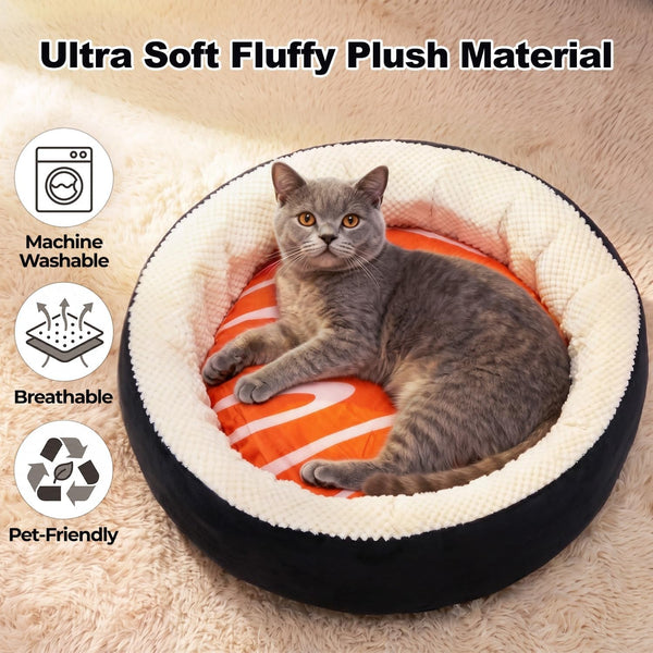 Sushi Cat Bed, Calming Small Dog Bed 21In, Washable | Anti-Anxiety Cuddler Bed for Kitten & Puppy, Ultra-Soft Plush Fur, Non-Slip Bottom, Machine Washable Cushion Pet Bed3