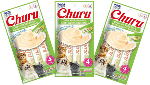 INABA Churu Cat Treats, Grain-Free, Lickable, Squeezable Creamy Purée Cat Treat/Topper with Vitamin E & Taurine, 0.5 Ounces Each Tube, 4 Tubes, Tuna with Salmon Recipe25