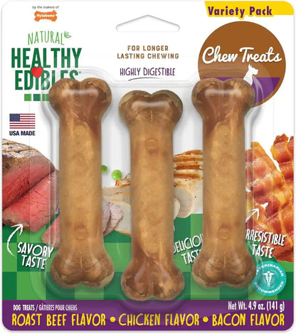Nylabone Healthy Edibles Dog Treats Variety Pack, Small, 3 Count | Roast Beef, Chicken, & Bacon Flavor, Natural Dog Treats, USA Made, Highly Digestible, Dog Bones for Small Dogs up to 25 Lbs1