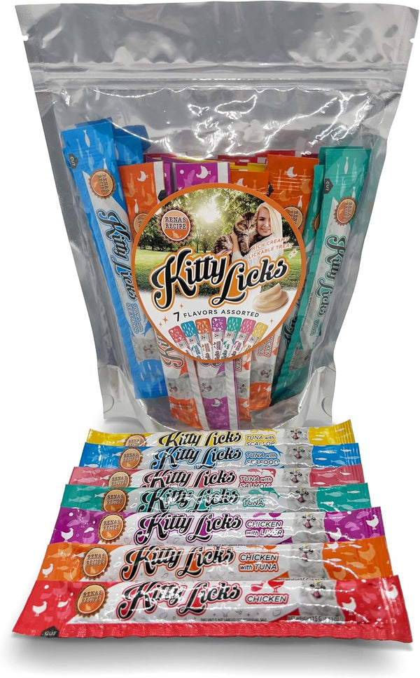 Rena'S Recipe Kitty Licks Lickable Cat Treats Variety Pack, 28 Tubes | Creamy Purée Cat Treats in 7 Delicious Flavors, Including Tuna and Chicken.1