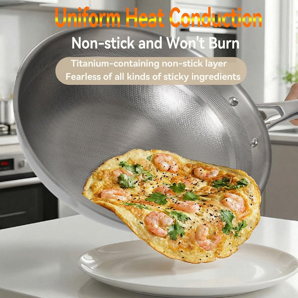 Titanium Hammered Wok Pure with Lid, No Coating Non-Stick Titanium Cookware, Frying Pans, Hammered Pan, Ultra-Durable, Scratch-Resistant, Safe for Oven, Induction & Cooktops up to 750°F,11.81I5