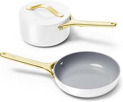 Caraway Non-Stick Ceramic Mini Cookware Set | Ceramic Fry Pan (1.05 Qt, 8") Sauce Pan (1.75 Qt) and Storage Rack, Non Toxic, PTFE & PFOA Free, White1