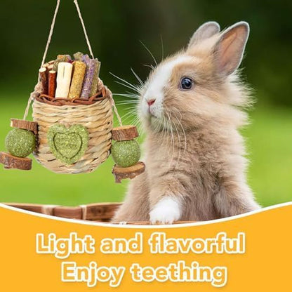 Jorewood Rabbit Chew Toys,Natural Hanging Basket with Sweet Bamboo,Timothy Hay,Peach Sticks for Bunny Chinchillas Guinea Pigs Hamsters Rats Teeth Grinding4