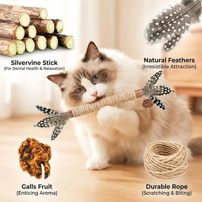 Cat Chew Toys Silvervine Sticks Dental Treat Feather 7Pack Indoor | Real Feathers Silvervine Dual-Action Chew Chase Soothes Teething, Cleans Teeth Relieves Boredom Indoors Safe Durable 7PK Set3