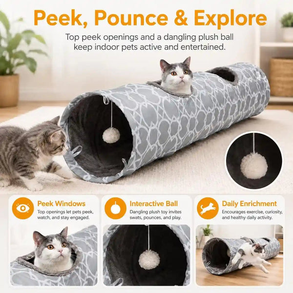 Geometric Straight Cat Tunnel with Plush Inside,Cats Toys Collapsible Tunnel Tube with Balls, for Rabbits, Kittens, Ferrets,Puppy, Diameter 9.8 Inch6