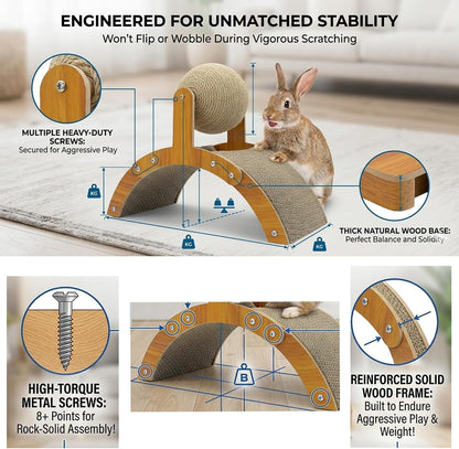 2-In-1 Rabbit Scratching Toy - Natural Sisal Ball & Corrugated Cardboard Pad Bunny Claw Scratcher, Stable Wood Arch Bridge Interactive Toys for Rabbits, Kittens, Ferrets, Chinchillas4