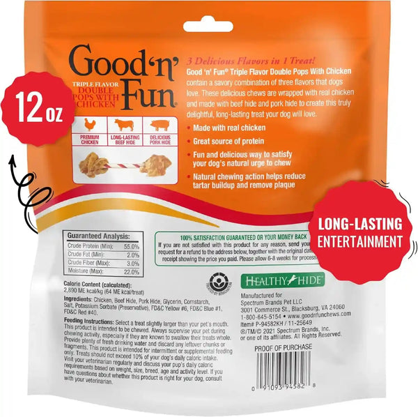 GOOD 'N' FUN Triple Flavor Double Pops Treats for Dogs, Long-Lasting Chews Made with Real Chicken, Beef Hide and Pork Hide, 12 Oz6