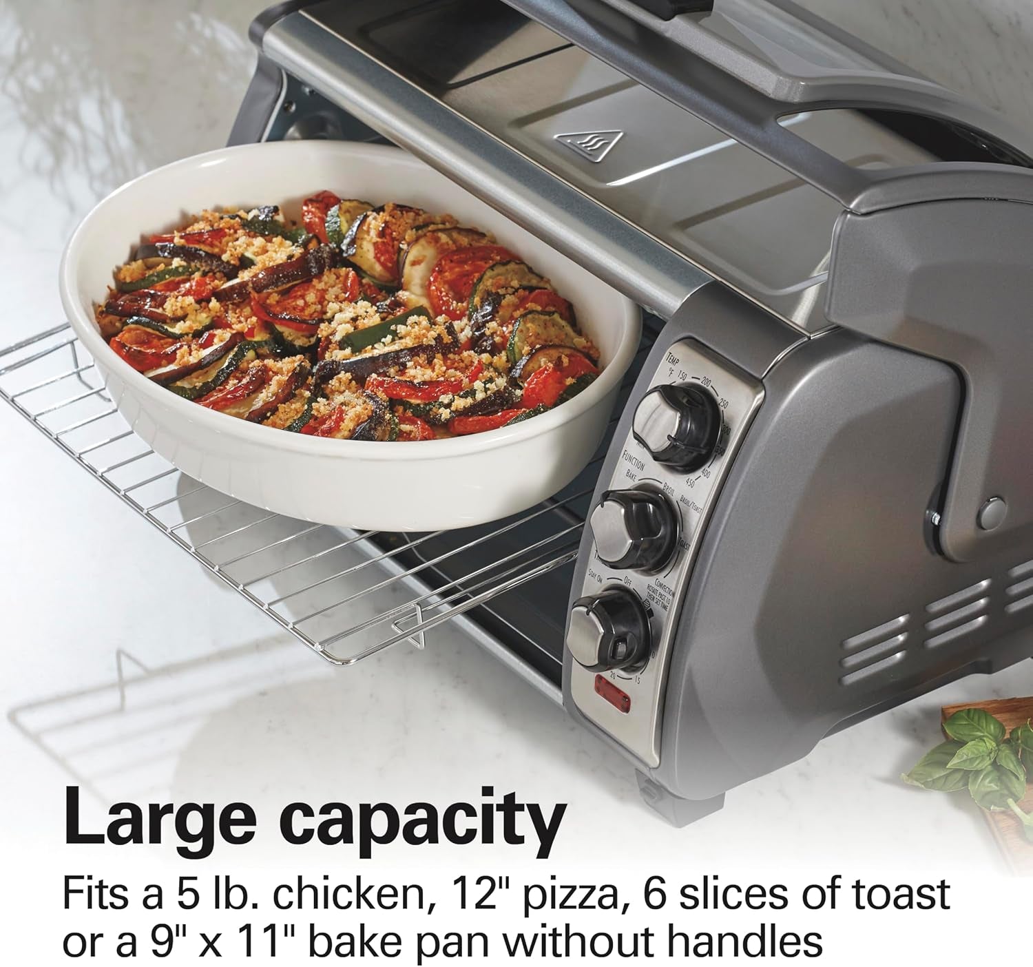 easy-reach-6-slice-countertop-convection-toaster-oven-roll-top-door-for-easy-access-bake-broil-toast-functions-150-to-450ºf-adjustable-temp-auto-shutoff-silver