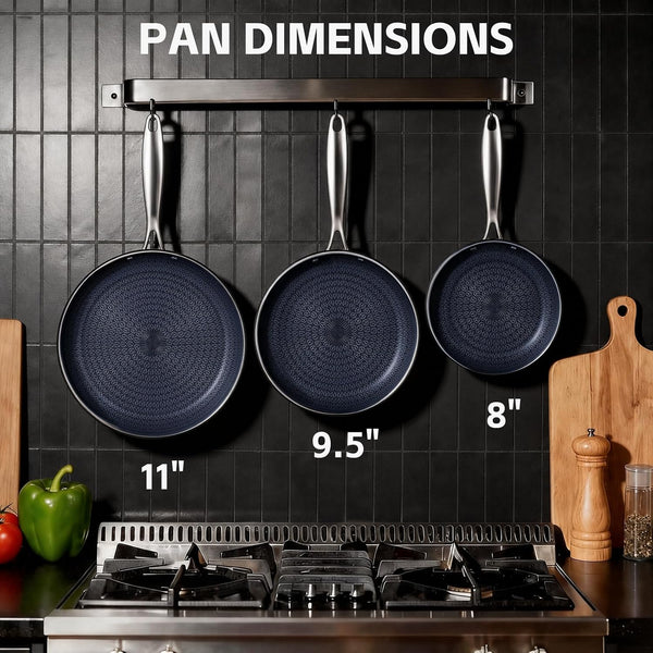 3 Pcs Non Stick Frying Pans Set, 8", 10", 12" Stainless Steel Pans | Skillet and Frying Pans Nonstick, Stay Cool Handle, PFOA/PFAS/PTFE Free, Dishwasher & Oven Safe, Induction Compatible, Blue2