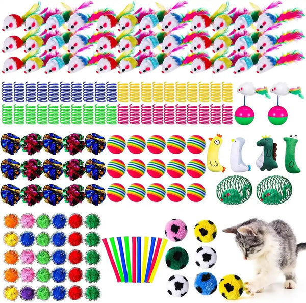 Shappy 150 Pcs Cat Toys for Indoor Cats Bulk, Kitten Toys Pack, Variety Interactive Gift Including Mice Rainbow Balls Spring Crinkle Balls Gift for Kitty Kitten Cat(Classic)8