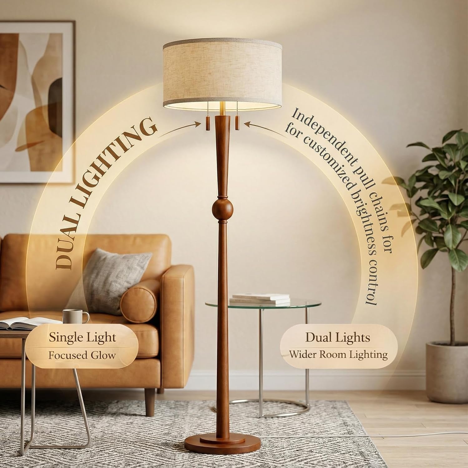 solid-wood-floor-lamp-for-living-room-with-wooden-pull-chains-62-8-tall-sculptural-wood-base-stem-17-linen-drum-shade-2-light-standing-lamp-for-bedroom-reading-corner-bulbs-included