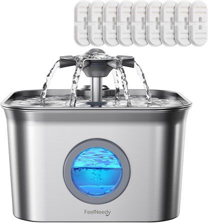 Stainless Steel Cat Water Fountain, 2.8L with 20Db Ultra-Quiet Pump- Ideal for Timid Pets, LED Water Level Window, Dishwasher Safe, 24/7 Circulation- Includes 3 Replacement Filters12