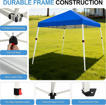 10X10 Slant Legs Pop up Canopy Tent, 1-Button Push Setup Canopy Tent, Adjustable Height Instant Portable Shelter, Protable Backpack, Easy Outdoor Sun Shade for Events, 8X8 Top, Blue2