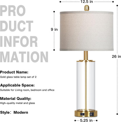 26 Inch Gold Glass Table Lamp Single, 3-Way Dimmable Touch Lamp for Living Room, Modern Bedroom Lamp with USB C+A Ports & Outlet, Classic Bedside Brass Lamp for Nightstand Side End Table Decoration7