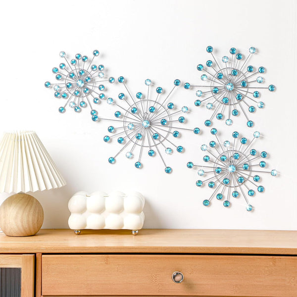 4 Pcs Metal Wall Decor Bling Crystal Wall Art Cast Iron Rhinestones Sunburst Decor Starburst Art Hanging Diamond Accents Home Decorative for Living Room Bedroom Entryway (Blue)7