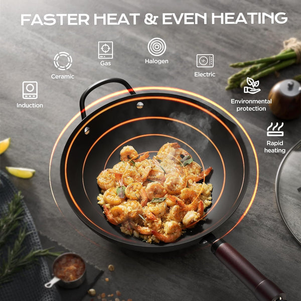 Wok, 13.5 Inch Carbon Steel Wok Pan with Steamer & Stir-Fry Pans Nonstick, 5QT Flat Bottom Chinese Woks5